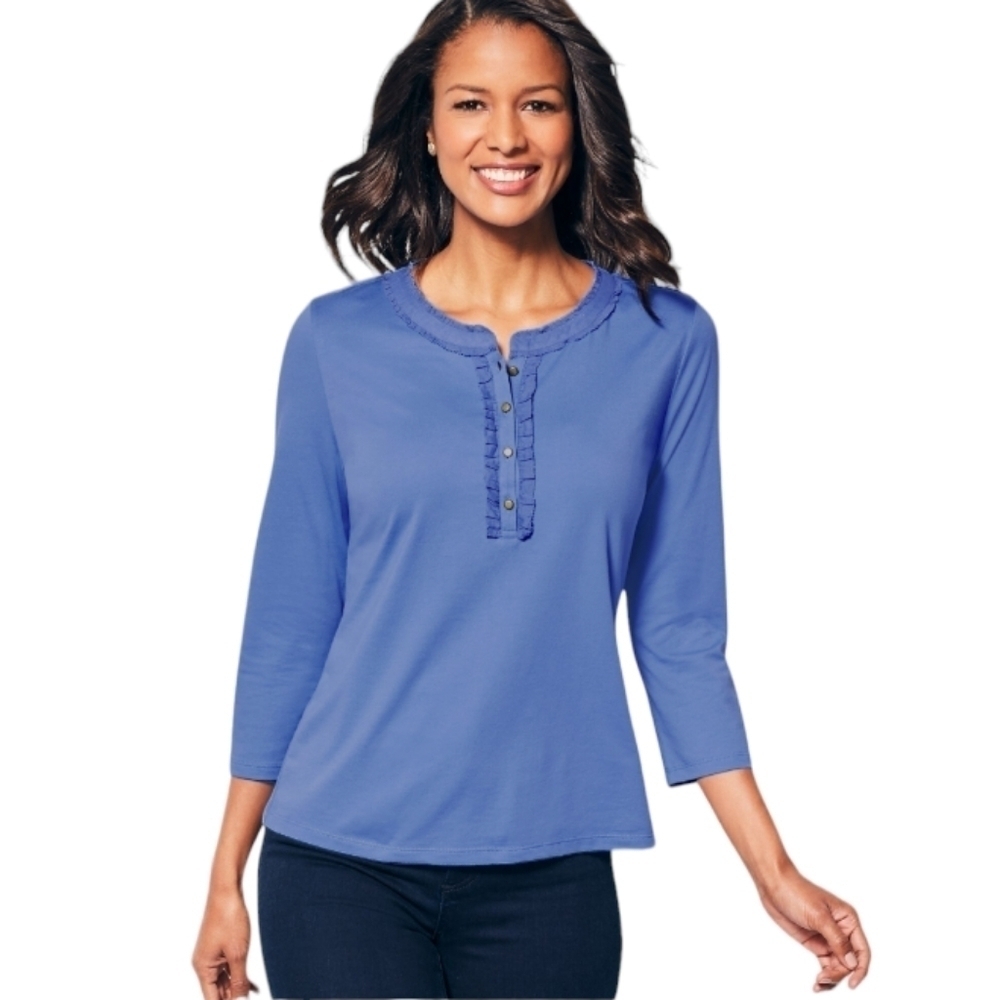 Talbots Petite Pull Over Top With Ruffled Button Detail Size MP